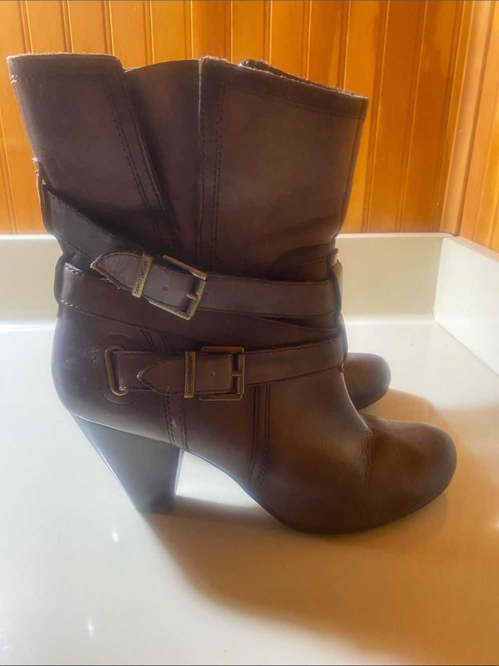 Arturo Chiang Brown Leather Mid-Calf Buckle Heeled Boots